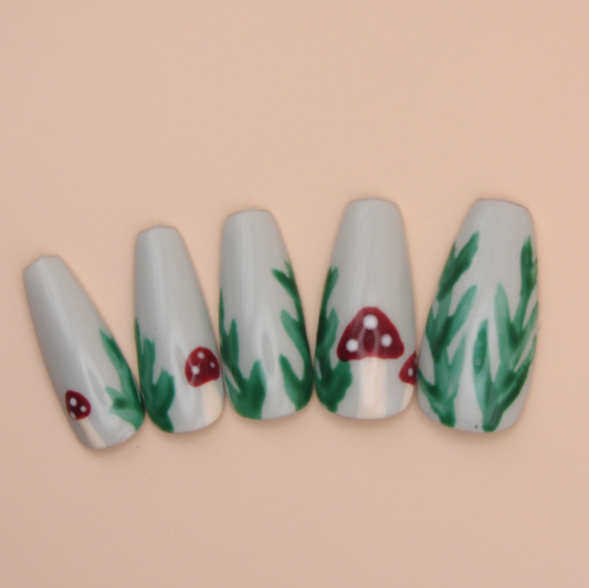 White Nails With Vines And Red Mushrooms